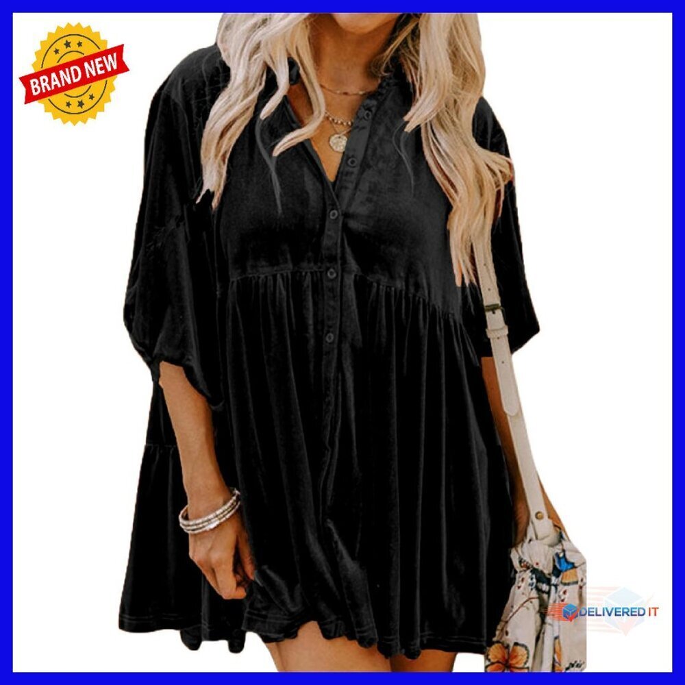 Velvet Tunic Dress 3/4 Sleeve Button Down Babydoll Mini Tops